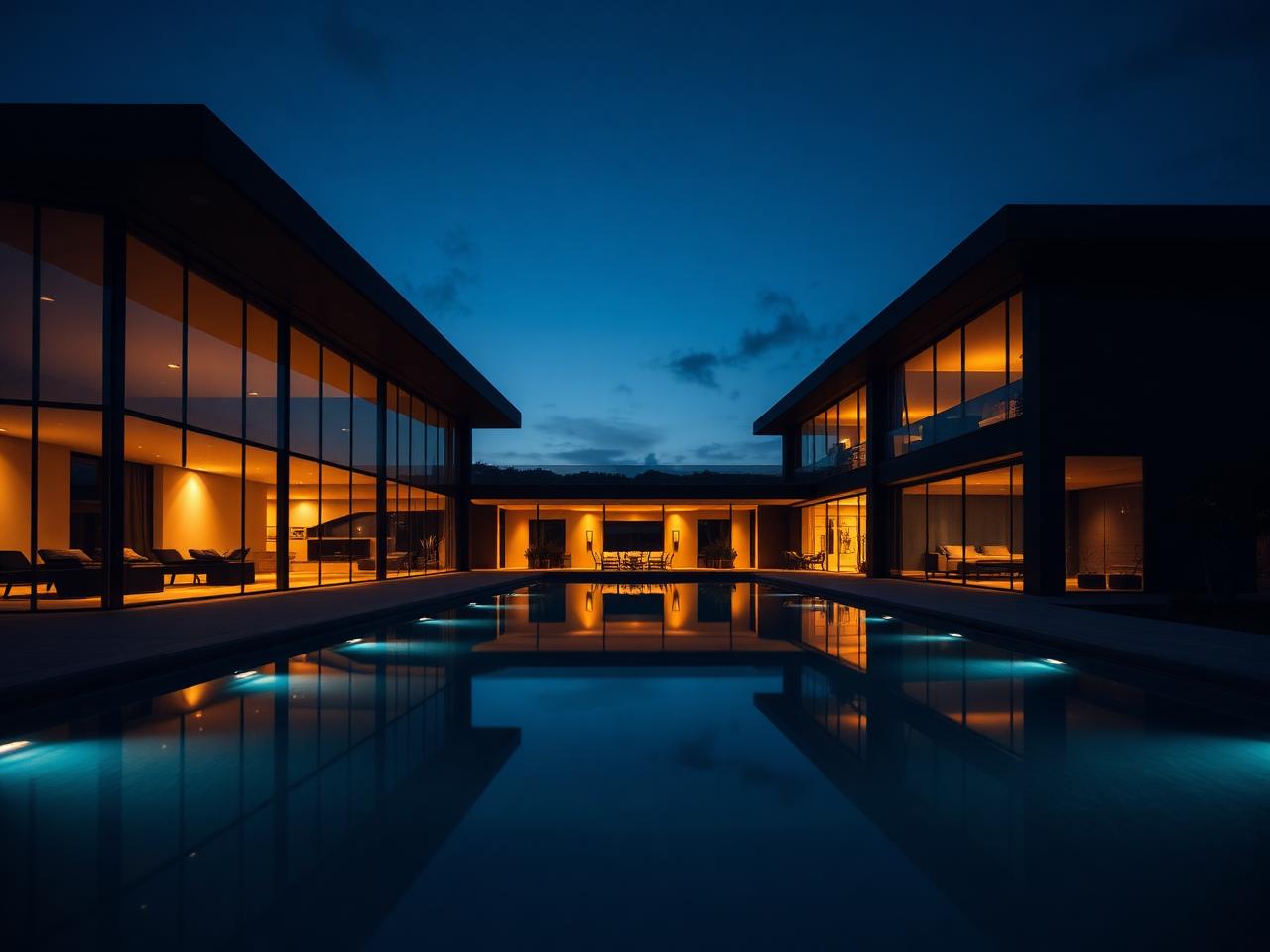 Modern luxury residence lit at dusk with reflecting infinity pool